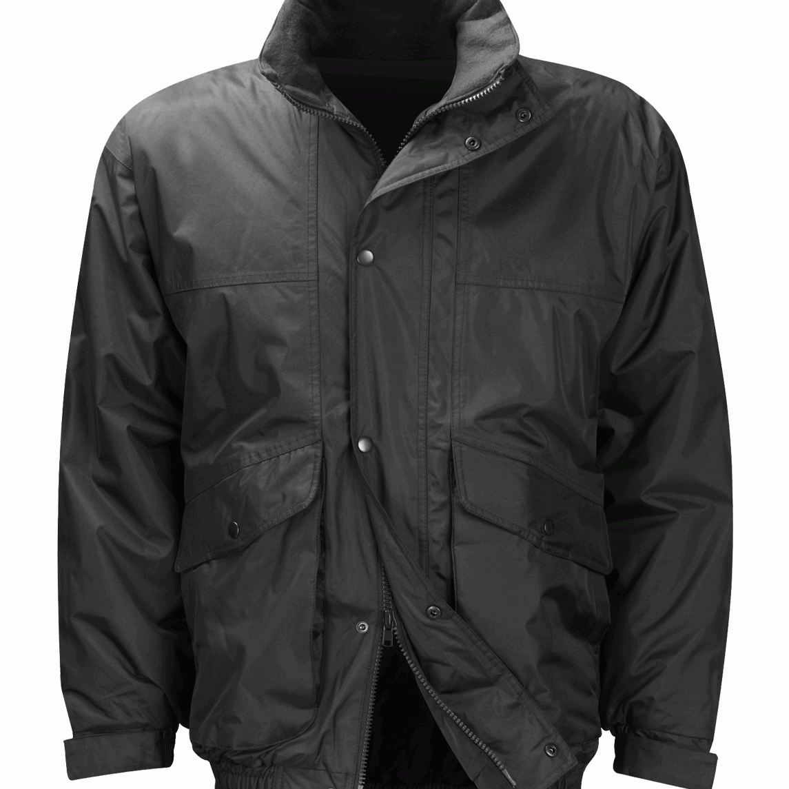 Black insulated jacket with a water-resistant outer shell, zip and snap-button closure, storm flap, fleece-lined collar, and dual front flap pockets for utility and warmth  by MAK Boots & Garments.