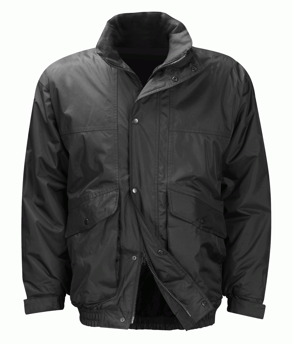 Black insulated jacket with a water-resistant outer shell, zip and snap-button closure, storm flap, fleece-lined collar, and dual front flap pockets for utility and warmth  by MAK Boots & Garments.
