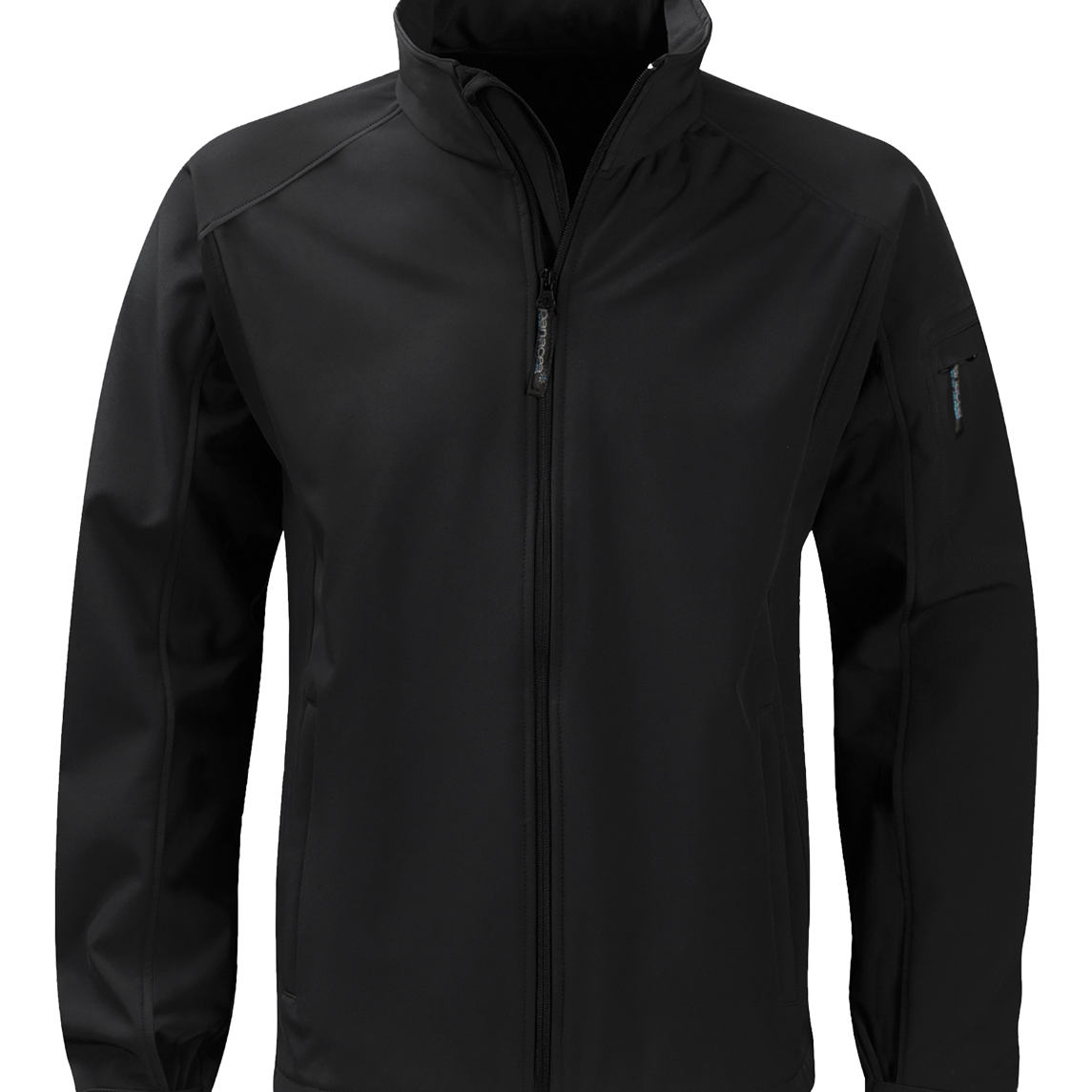 Black softshell jacket with full front zipper, stand-up collar, and zippered pocket on the left sleeve designed for lightweight weather protection and comfort  by MAK Boots & Garments.