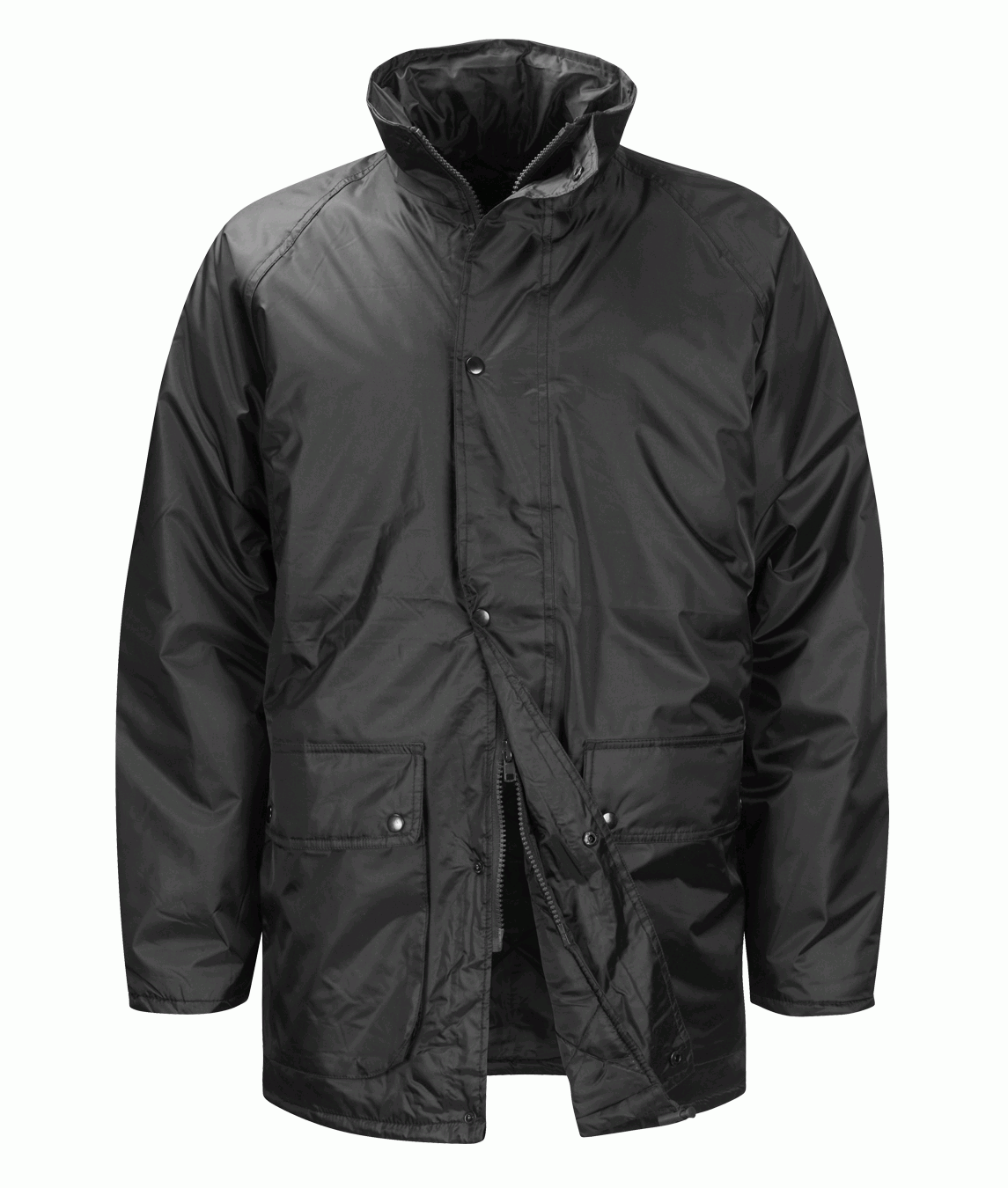 Black waterproof jacket with a high collar, dual front flap pockets, and a snap-button storm flap over a full zip closure, built for rugged utility and all-weather reliability — by MAK Boots & Garments.
