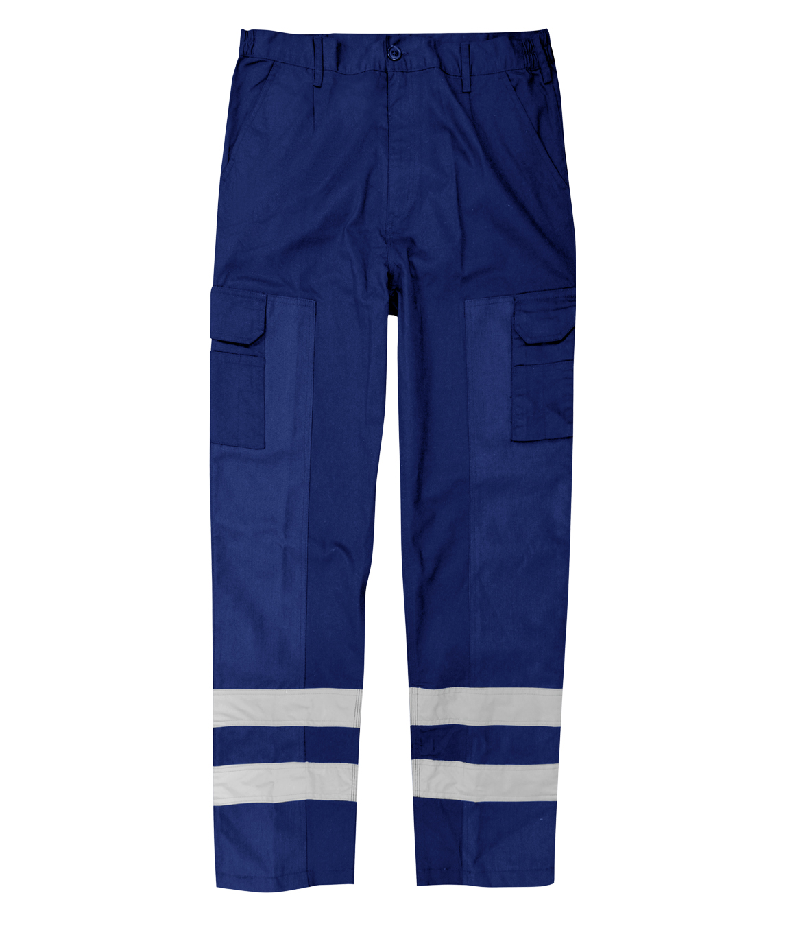 Blue cargo work pants featuring dual thigh pockets, belt loops, and two bands of silver reflective striping around each lower leg for enhanced low-light visibility and tactical functionality by MAK Boots & Garments.
