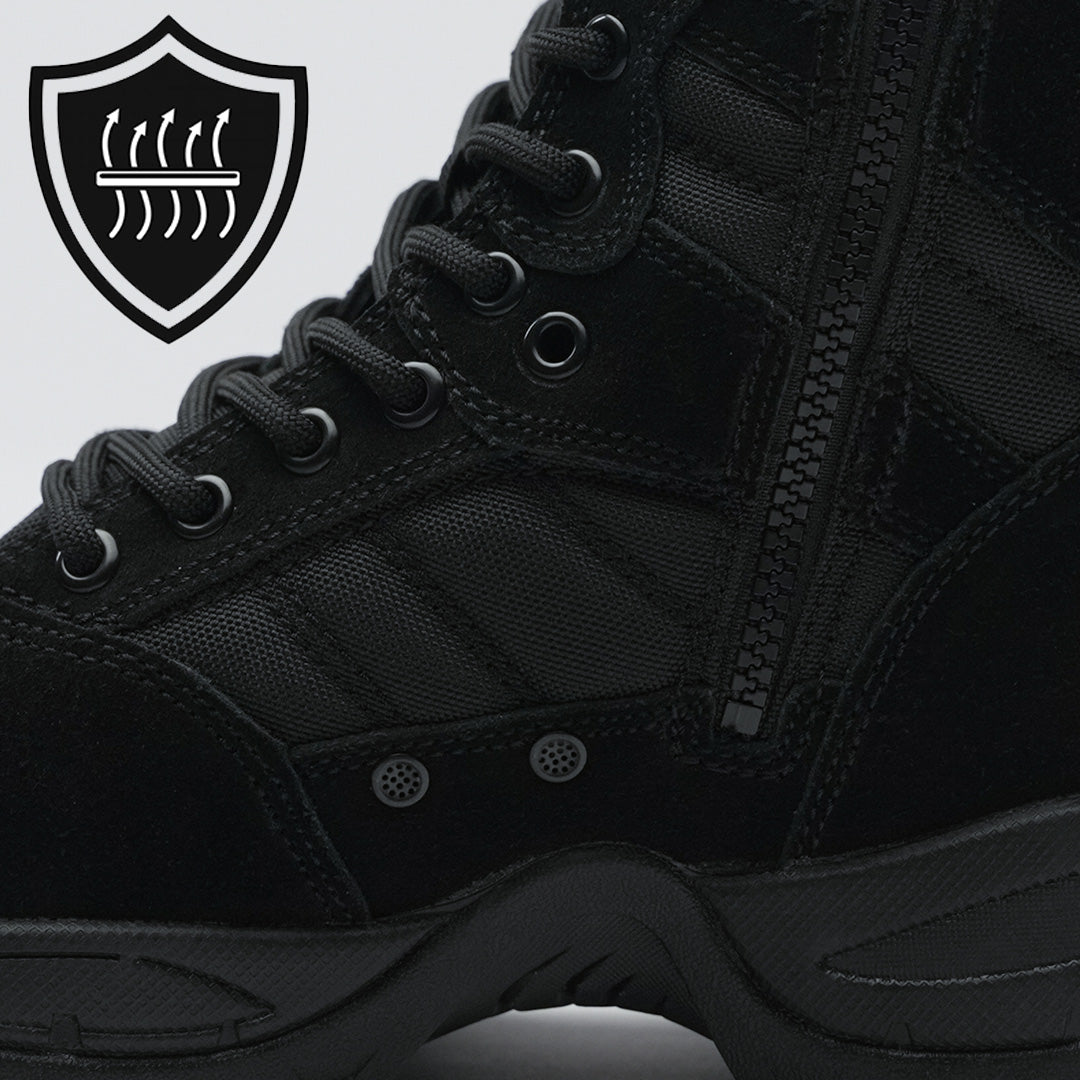 protector 9&quot; side zip black suede designed with suede leather, side vents, side zip and textile material to showcase breathability