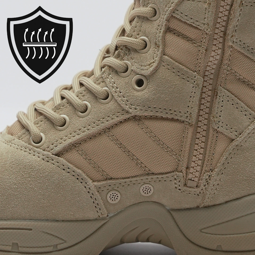 protector 9&quot; desert tan side zip with suede leather, side vents and textile material to showcase its breathability