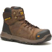 Brown work boot with visible Caterpillar logo on a white background