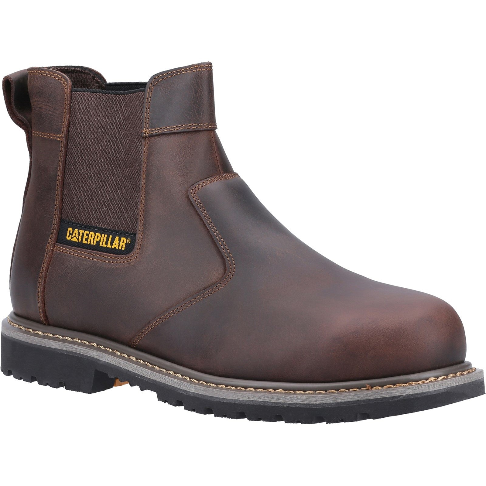 Brown leather boot with black sole on a white background, featuring the Caterpillar logo.