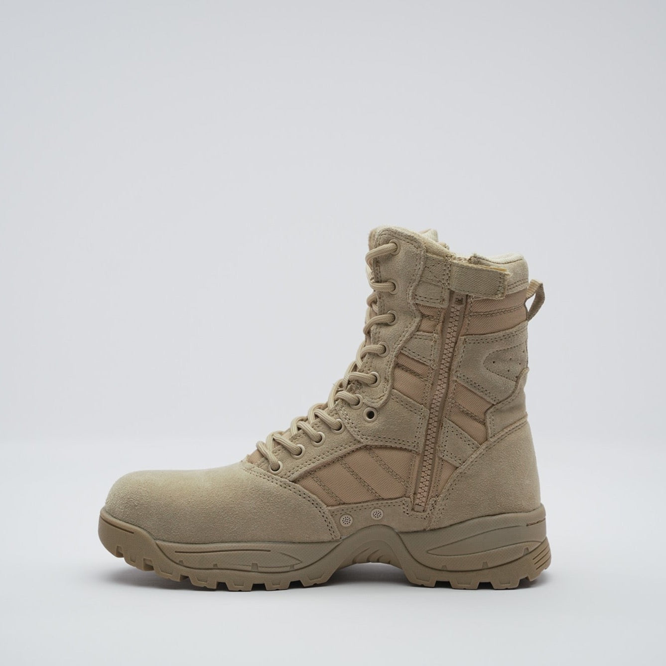 side view of desert tan boot with side zip and vents for breathability