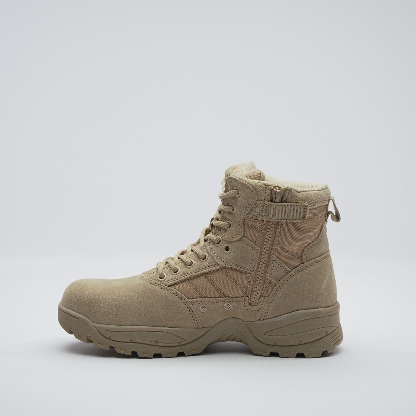 side view of desert tan military boots with side zip and vents