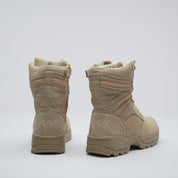 rear view of desert tan 9" protector boot with mak logo on heel