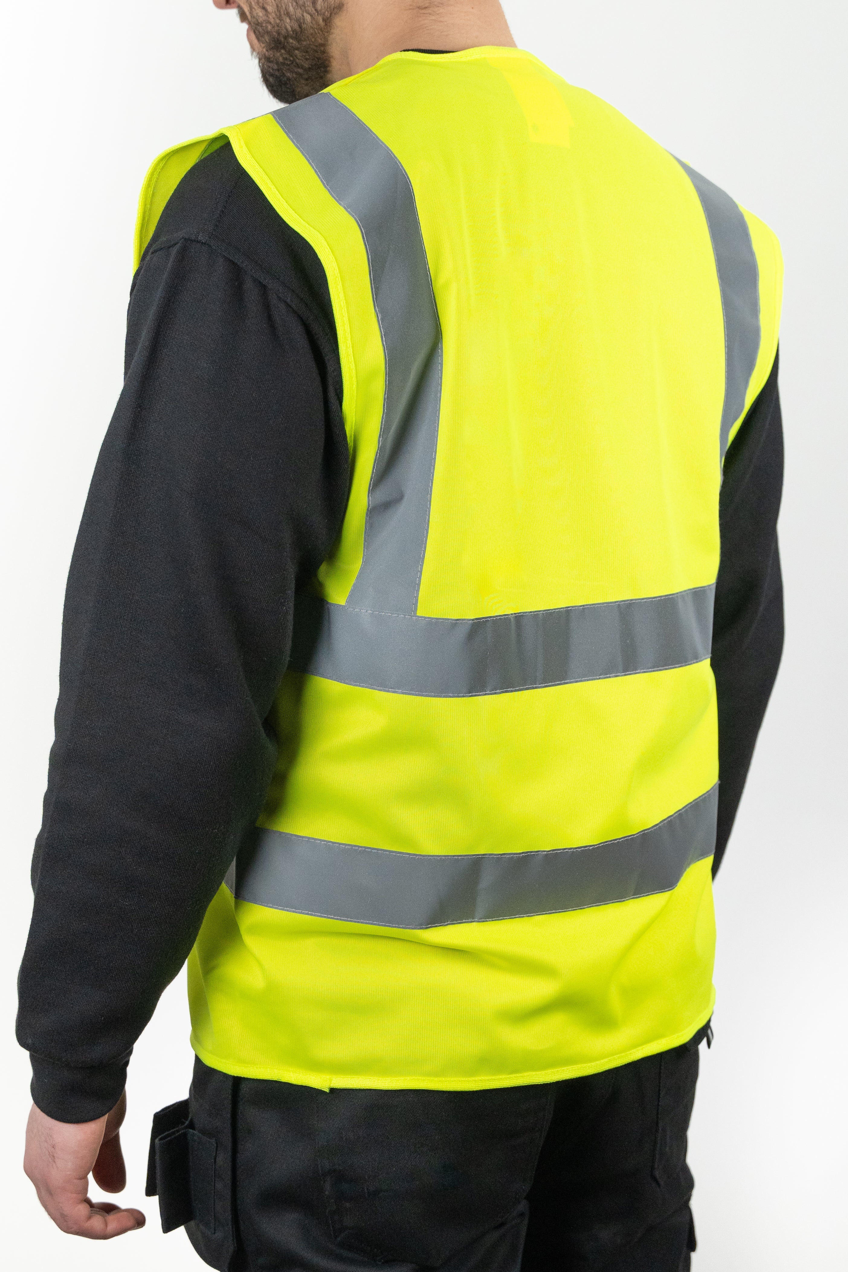 hi-vis yellow vest rear view with silver reflective strips