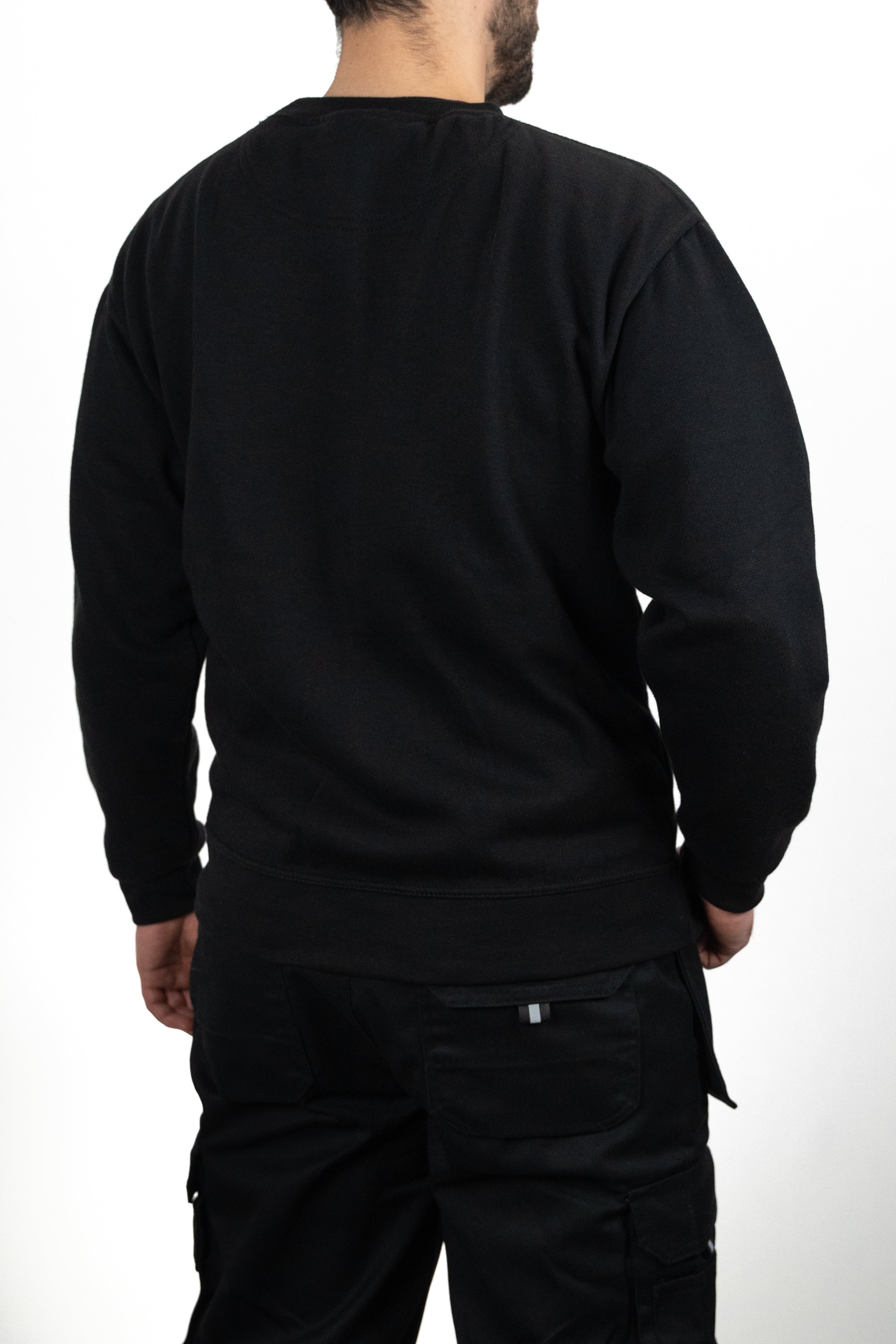 rear view of the mens black work jumper