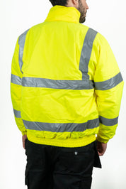 hi-vis yellow bomber jacket rear view with elastic waist