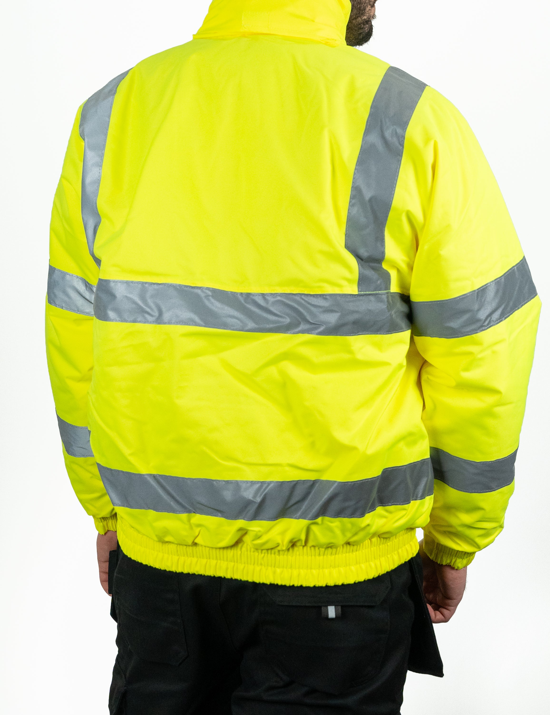 hi-vis yellow bomber jacket rear view with elastic waist