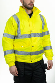 hi-vis yellow bomber with silver reflective strips and buttons to close jacket