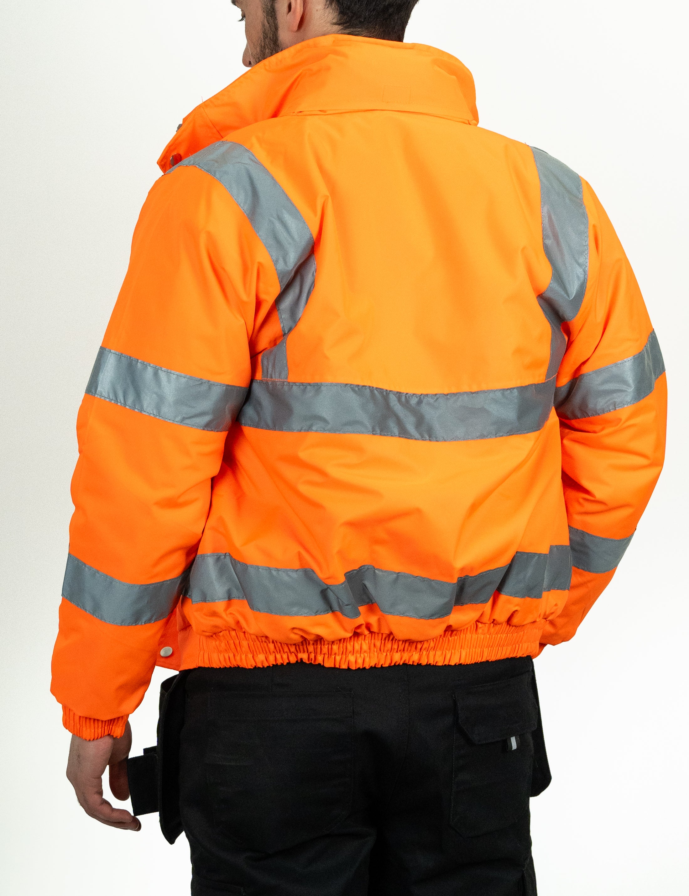 rear view of hi vis bomber jacket with elastic waist
