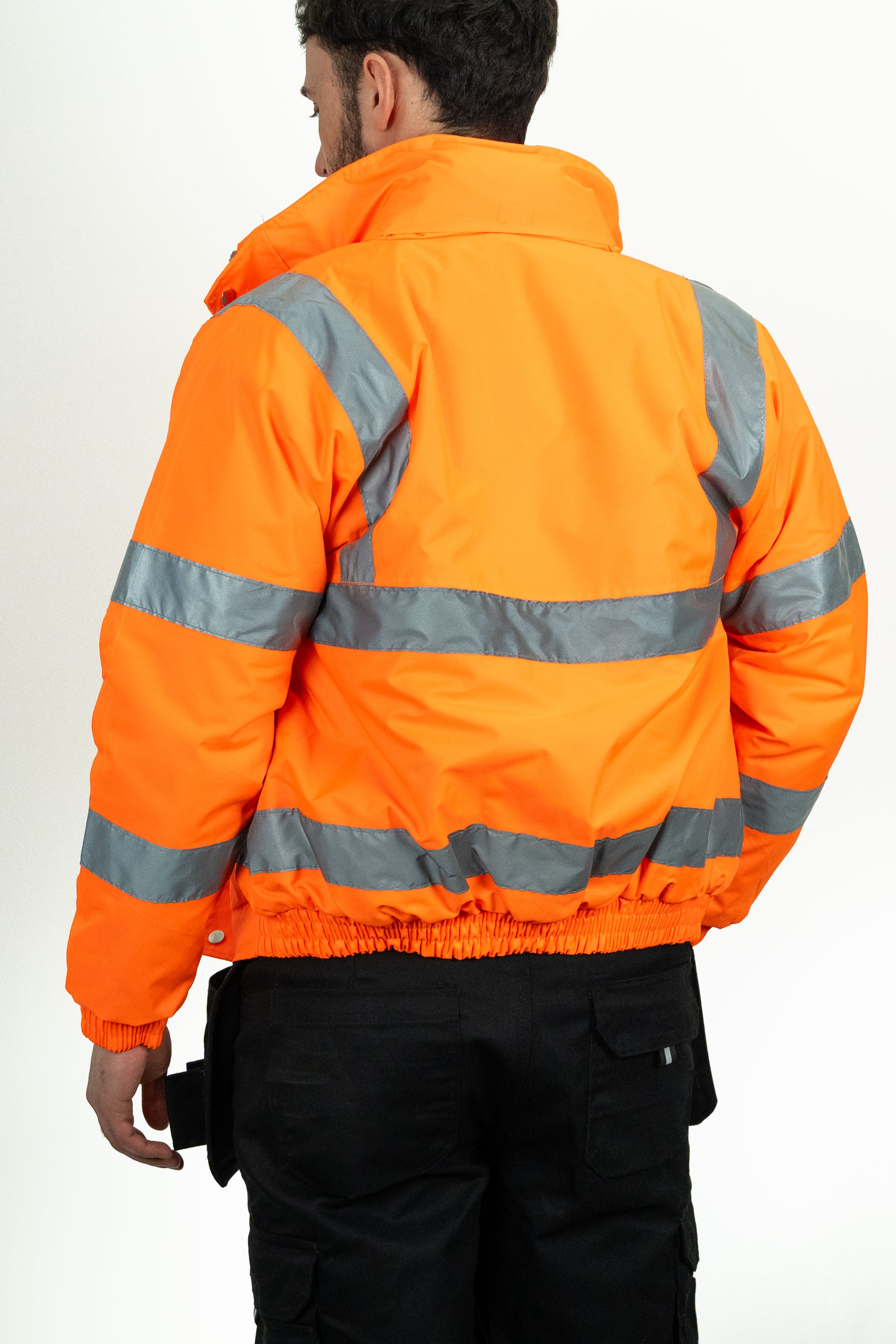 rear view of hi vis bomber jacket with elastic waist