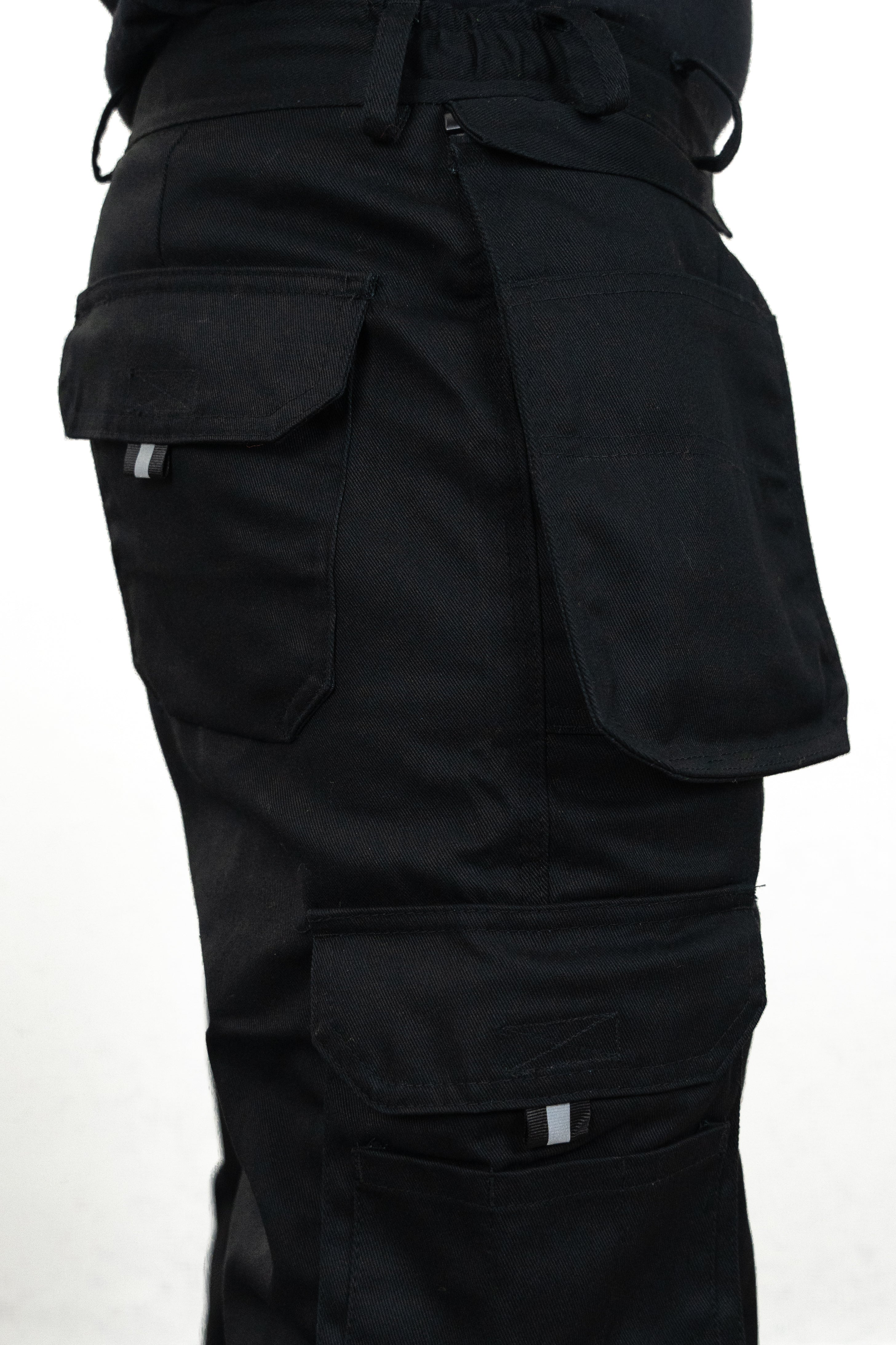 view of rear pocket, side pocket and leg pocket for tools and equipment