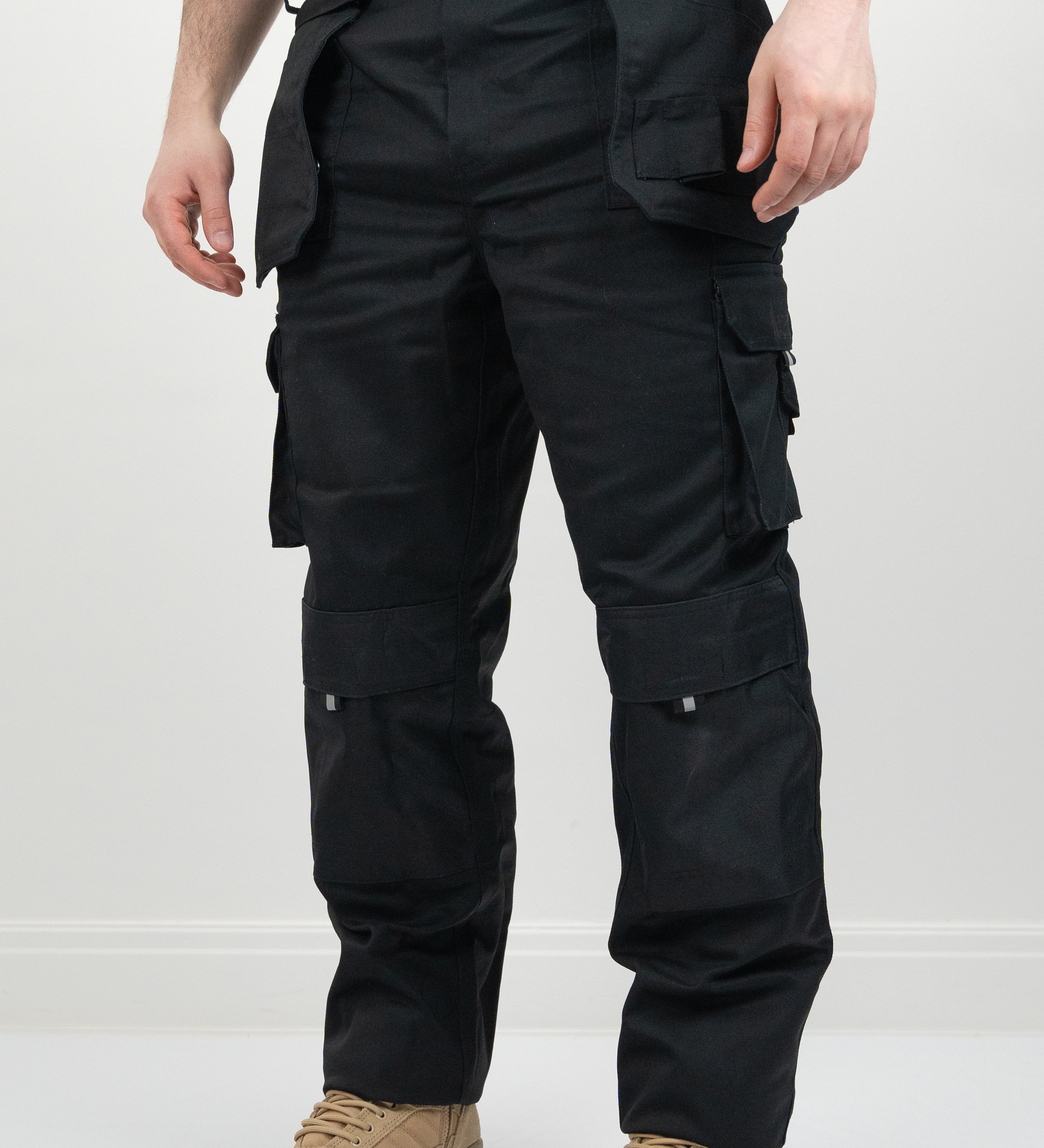 black work trousers with knee protection and pockets