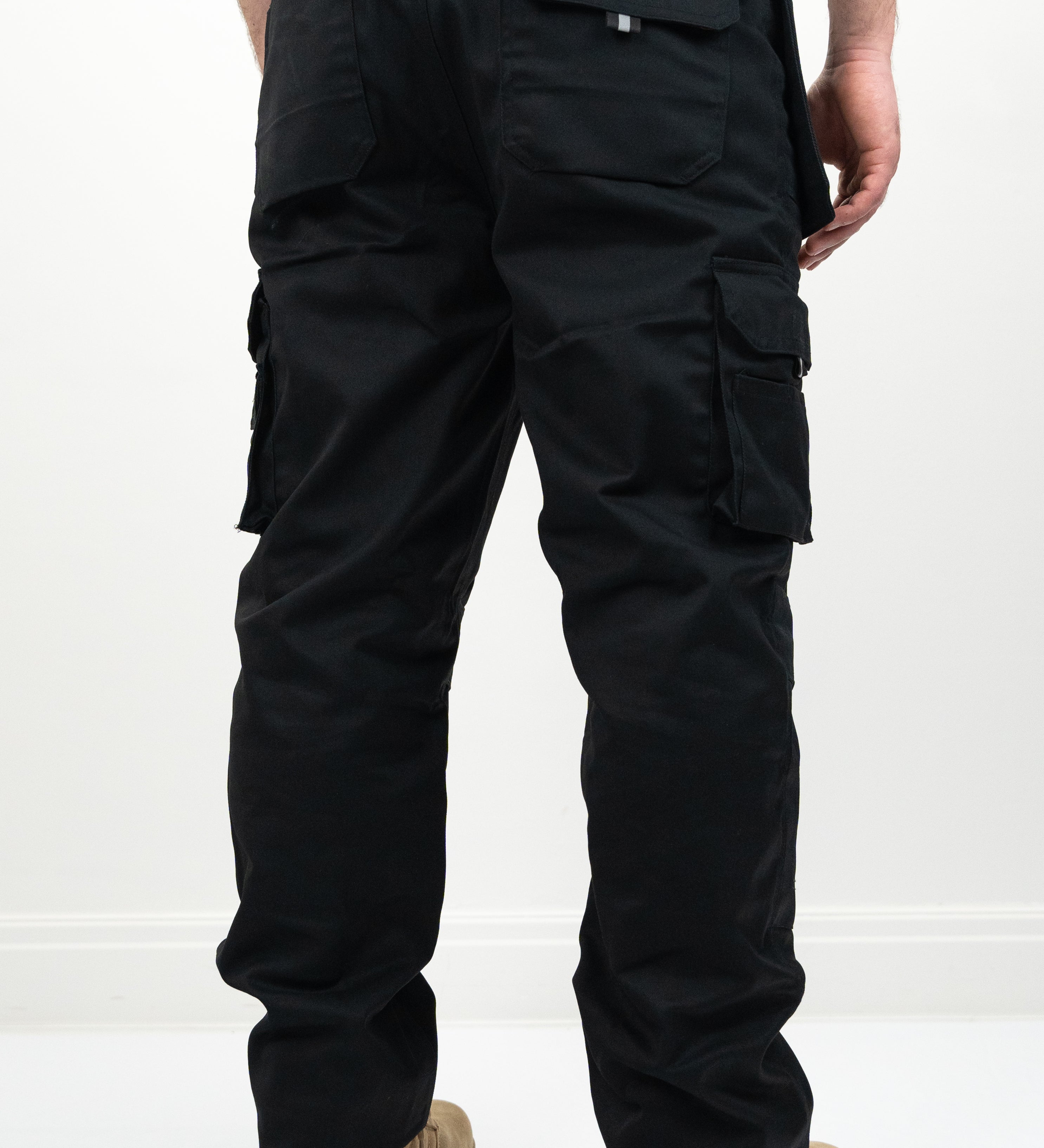 rear view of black work trousers with two rear pockets