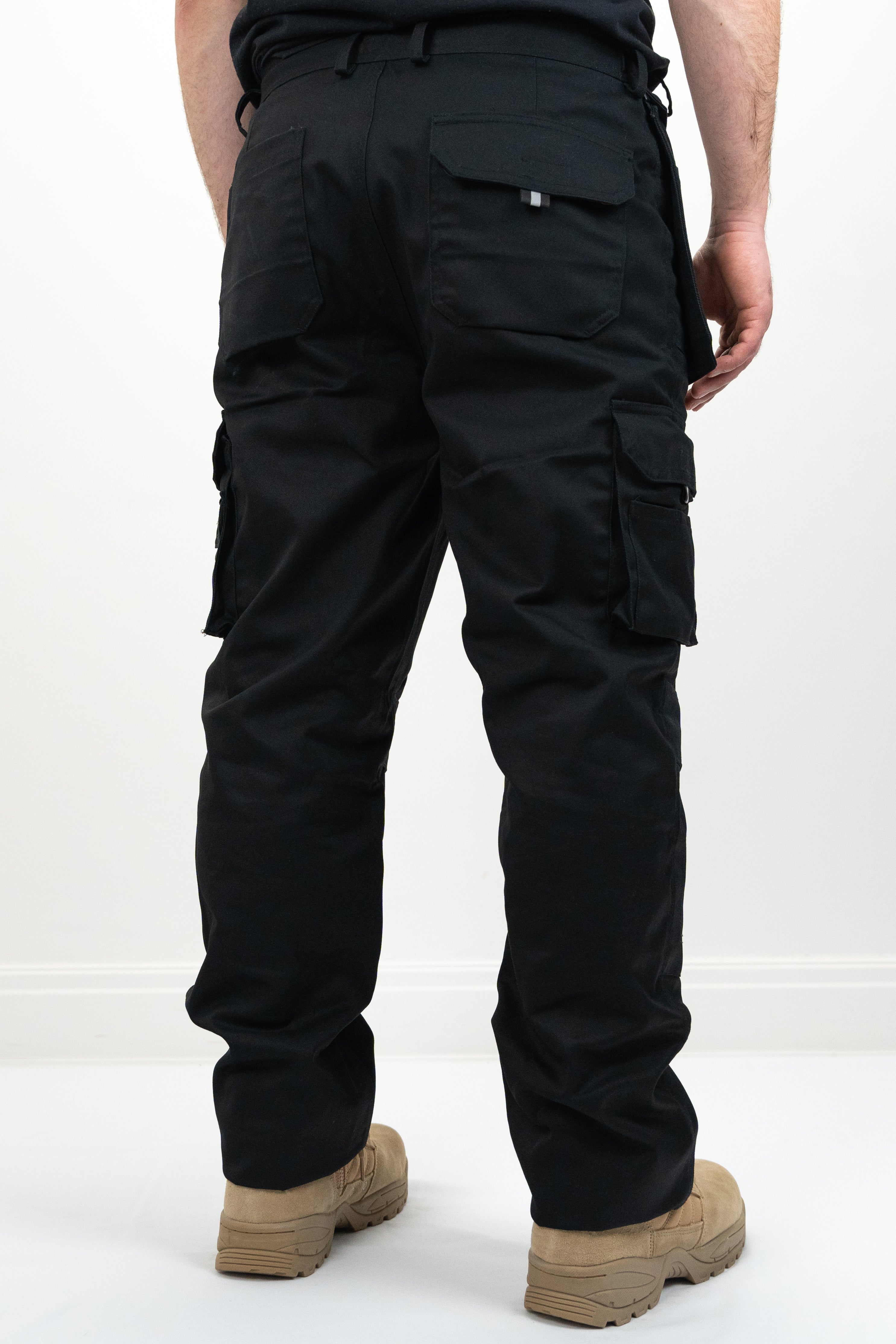 rear view of black work trousers with two rear pockets
