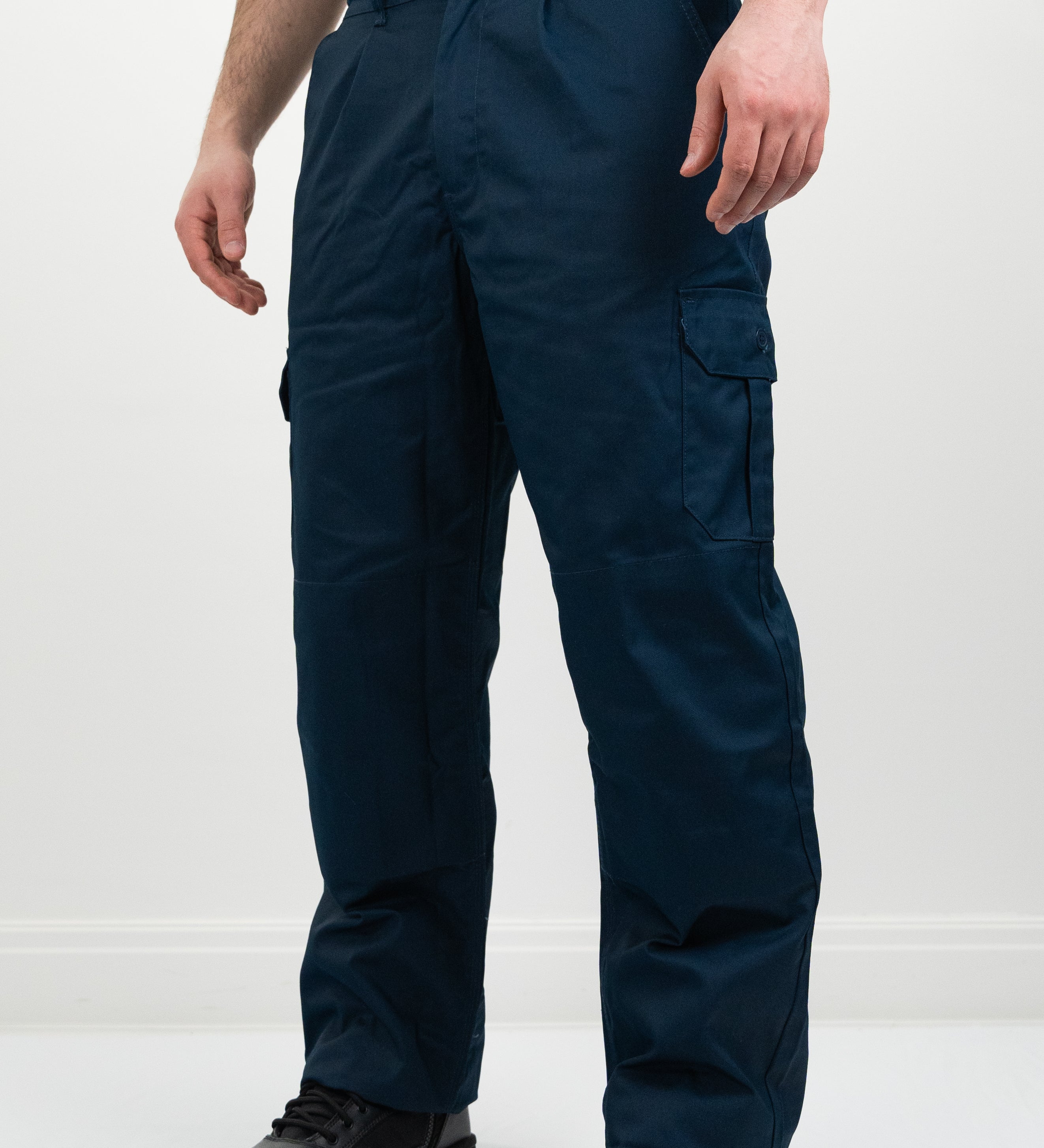 mens blue straight legged work trousers 