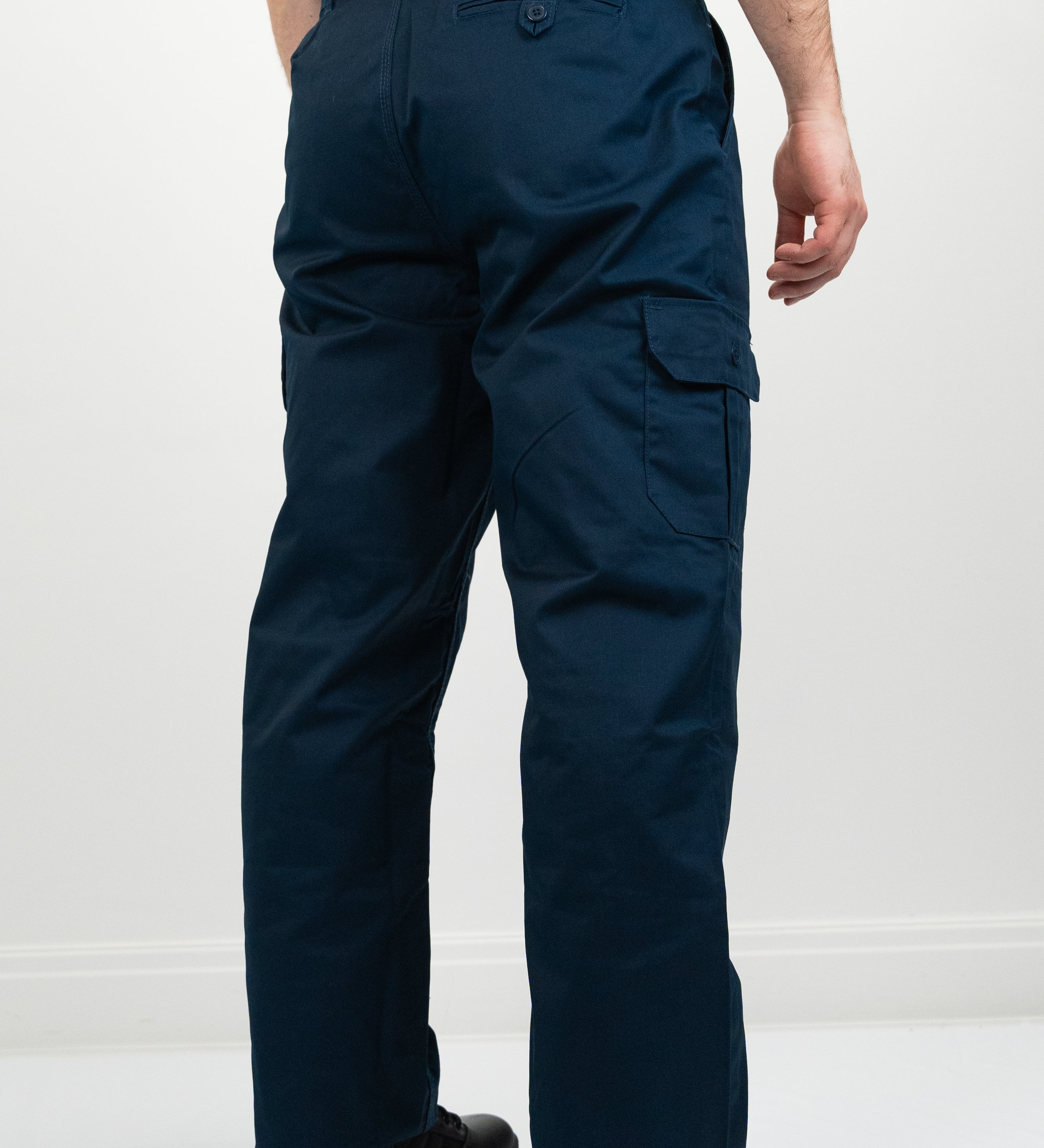 rear view of mens bus work trousers with one rear button pocket