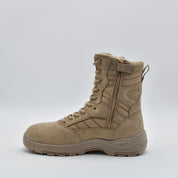 A single tan tactical combat boot with a side zipper, laces, and a rugged sole, shown from a side profile view against a light gray background.