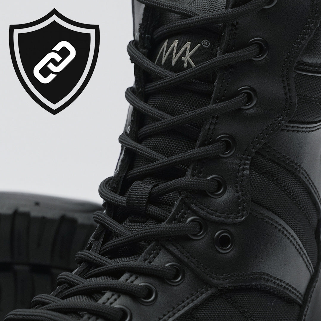 protector 9&quot; side zip black leather showing close up of laces locking through the eyelets and its durability