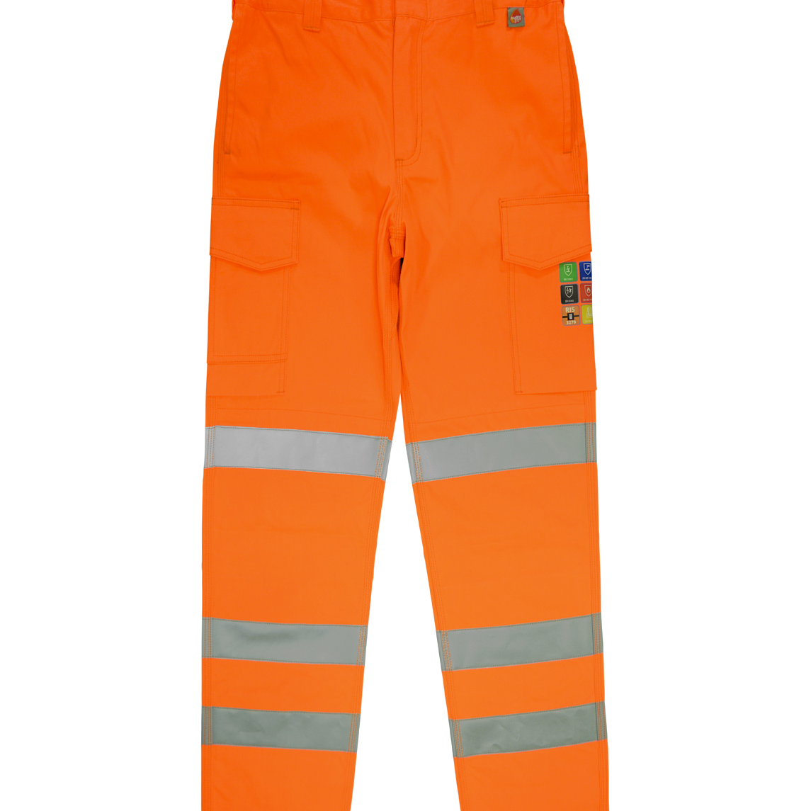 FR Hi-vis orange work trousers with dual cargo pockets and double-band reflective strips around the lower legs  built for visibility, utility, and performance on the job site by MAK Boots & Garments.