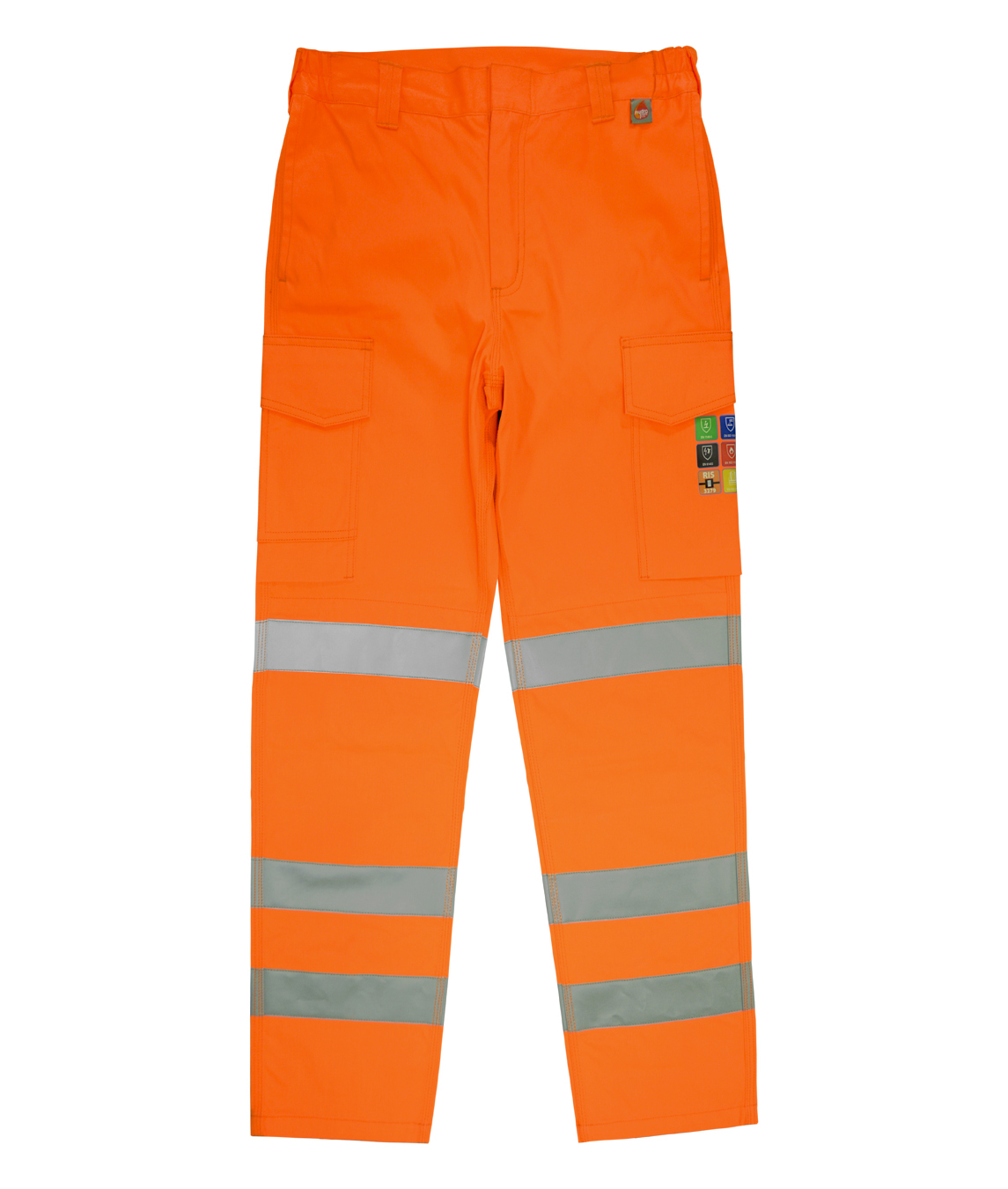 FR Hi-vis orange work trousers with dual cargo pockets and double-band reflective strips around the lower legs  built for visibility, utility, and performance on the job site by MAK Boots & Garments.
