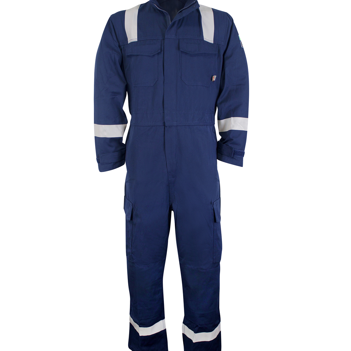FR Navy blue coverall with white reflective tape across the shoulders, arms, and legs  by MAK Boots & Garments.