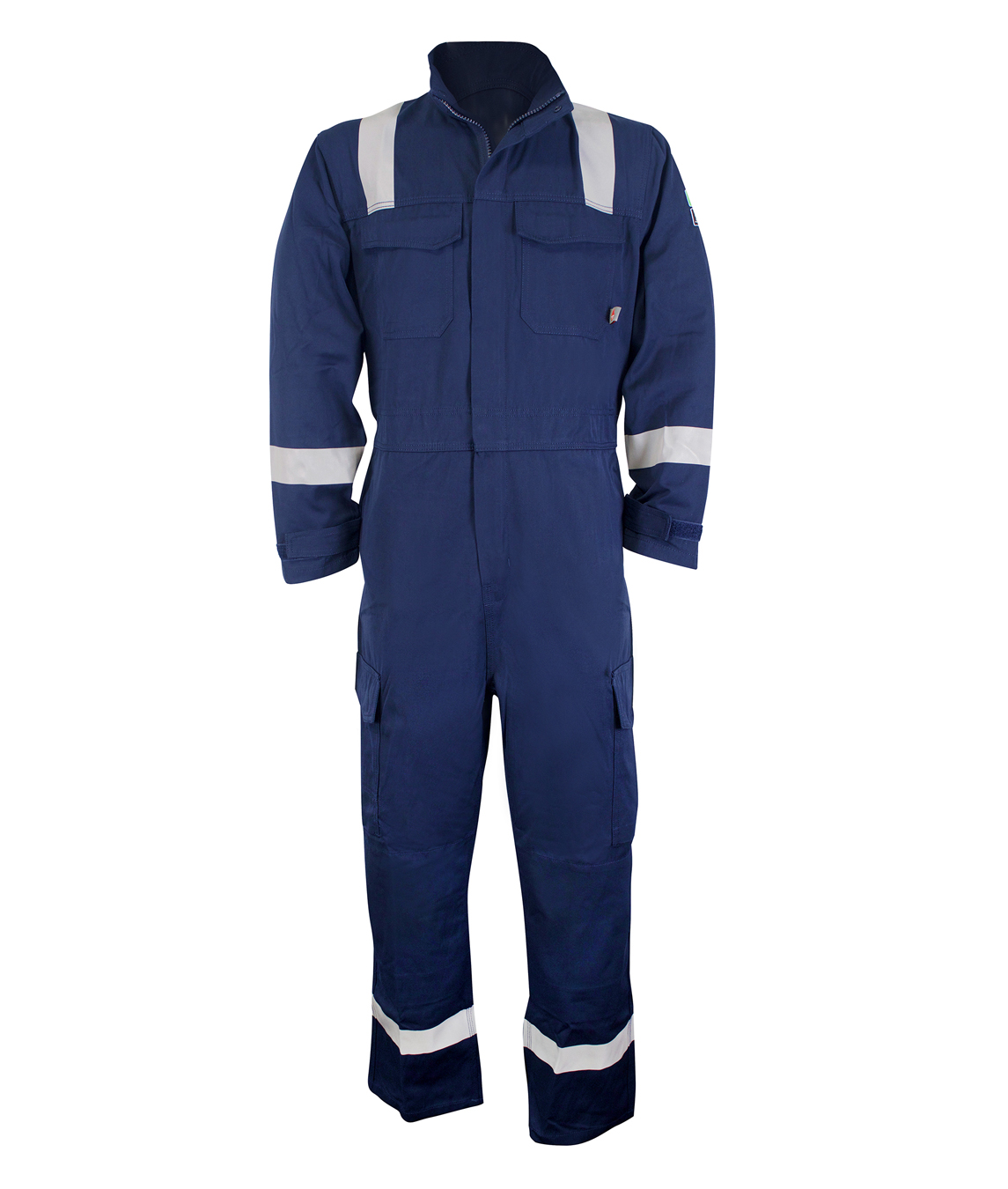 FR Navy blue coverall with white reflective tape across the shoulders, arms, and legs  by MAK Boots & Garments.