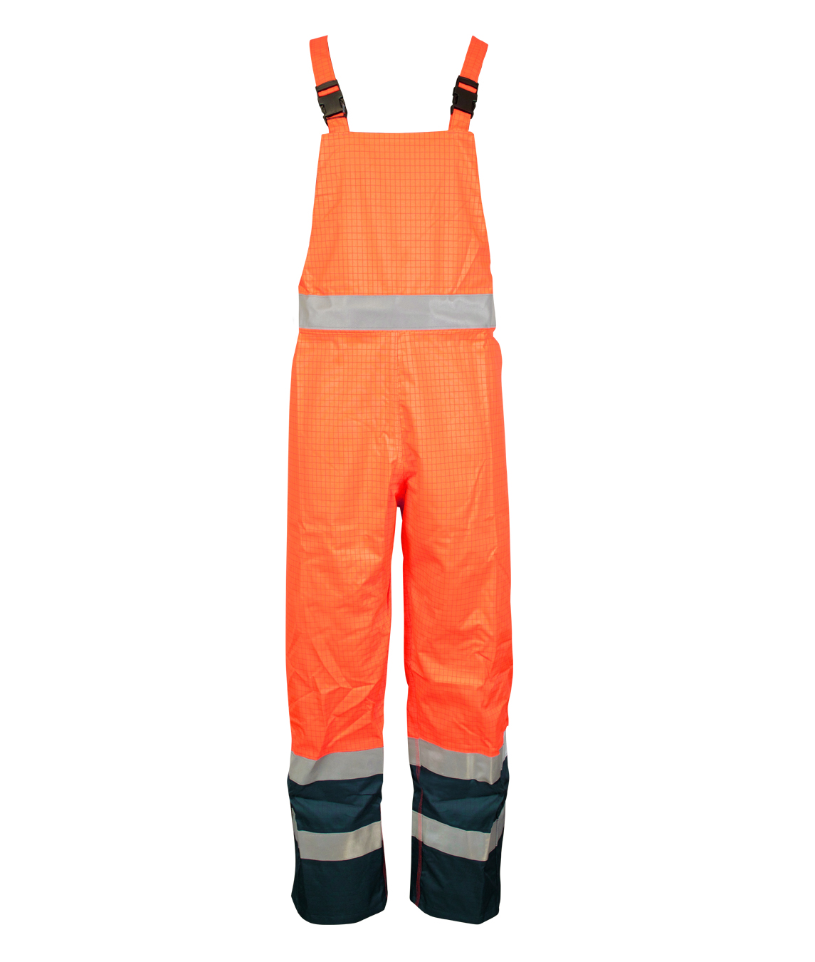FR Orange high-visibility bib overalls with reflective striping and navy lower legs  by MAK Boots & Garments.