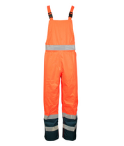 FR Orange high-visibility bib overalls with reflective striping and navy lower legs  by MAK Boots & Garments.