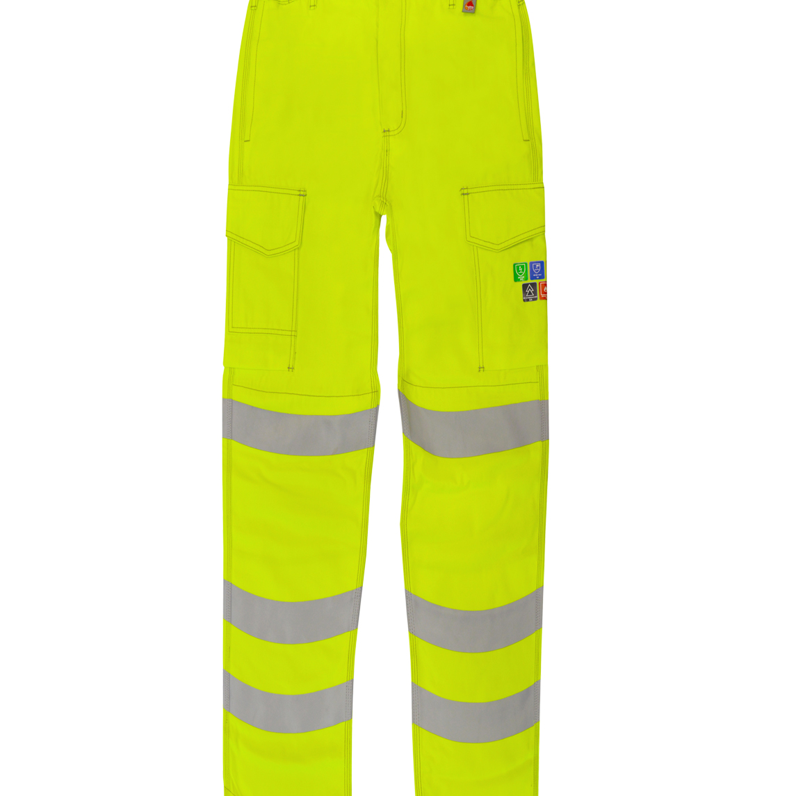 FR Yellow Hi-vis work trousers with dual cargo pockets and double-band reflective strips around the lower legs  built for visibility, utility, and performance on the job site by MAK Boots & Garments.