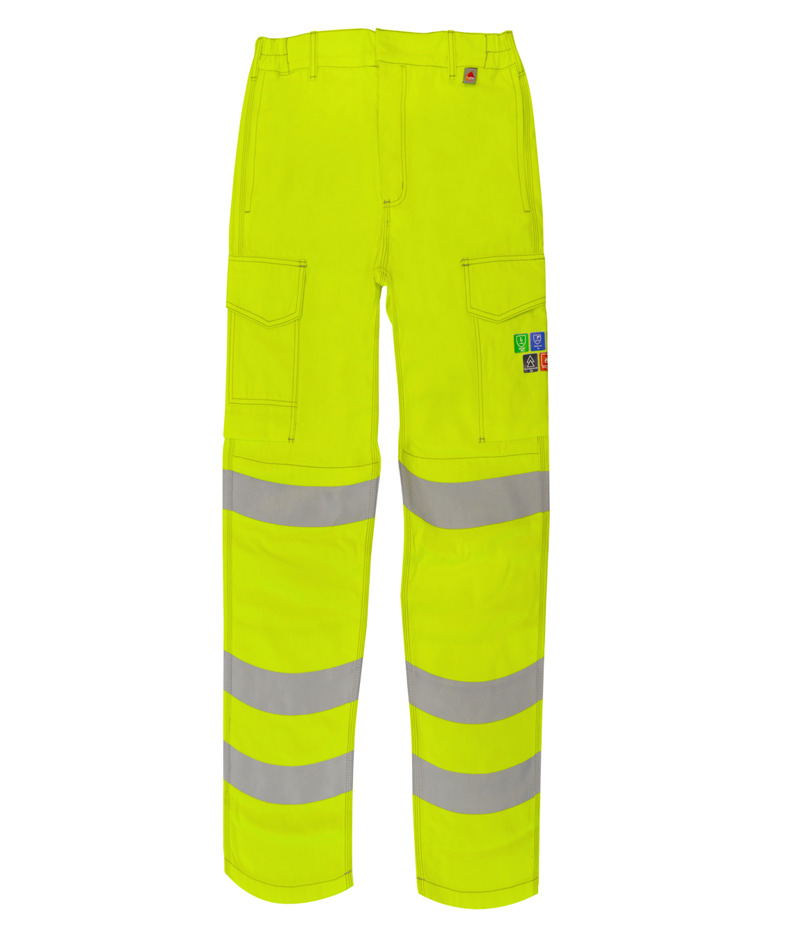 FR Yellow Hi-vis work trousers with dual cargo pockets and double-band reflective strips around the lower legs  built for visibility, utility, and performance on the job site by MAK Boots & Garments.