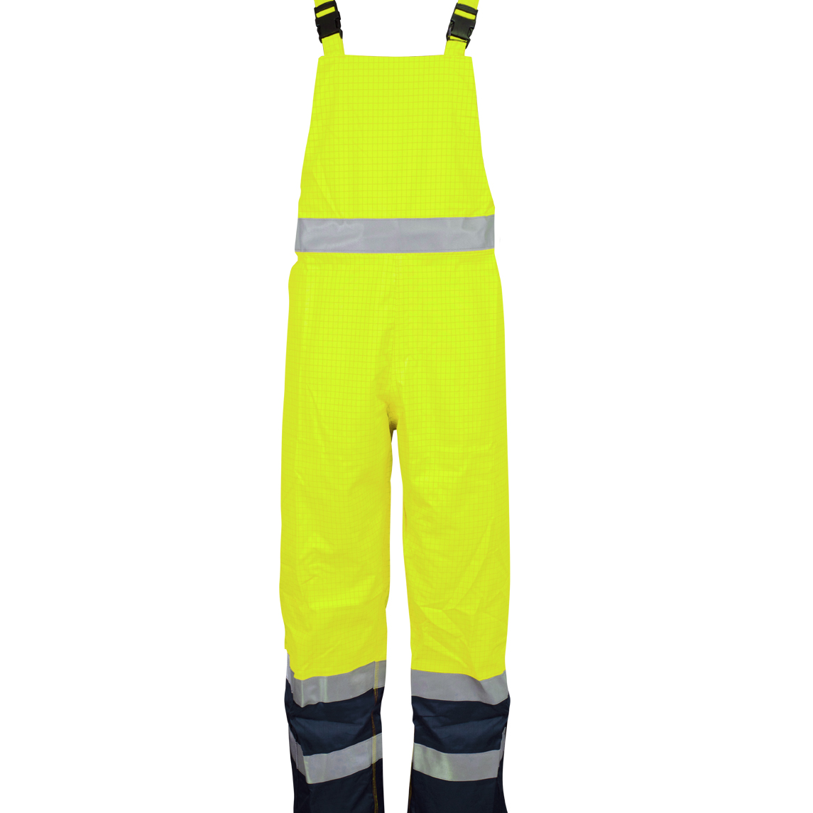 FR Yellow high-visibility bib overalls with reflective striping and navy lower legs  by MAK Boots & Garments.