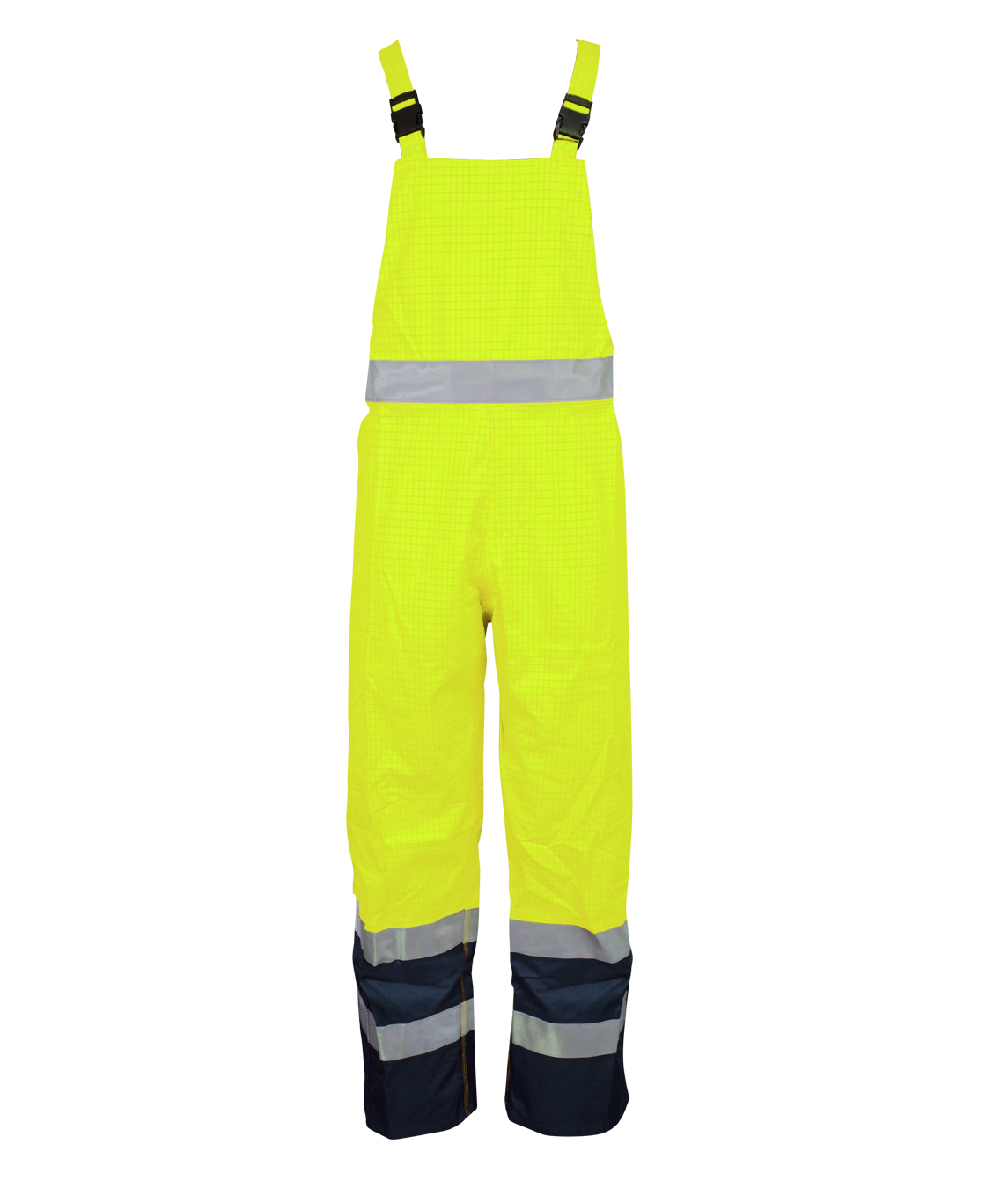 FR Yellow high-visibility bib overalls with reflective striping and navy lower legs  by MAK Boots & Garments.