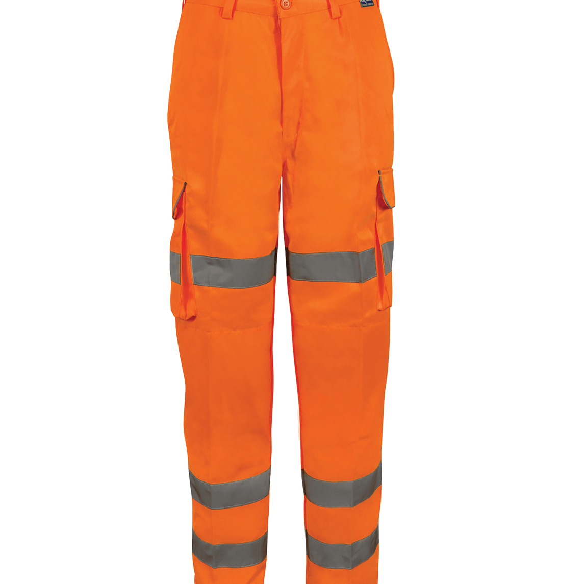 Female High-visibility orange work trousers with dual silver reflective bands around each lower leg, cargo pockets on the left thigh with grey trim, and a button closure at the waist.
by MAK Boots & Garments