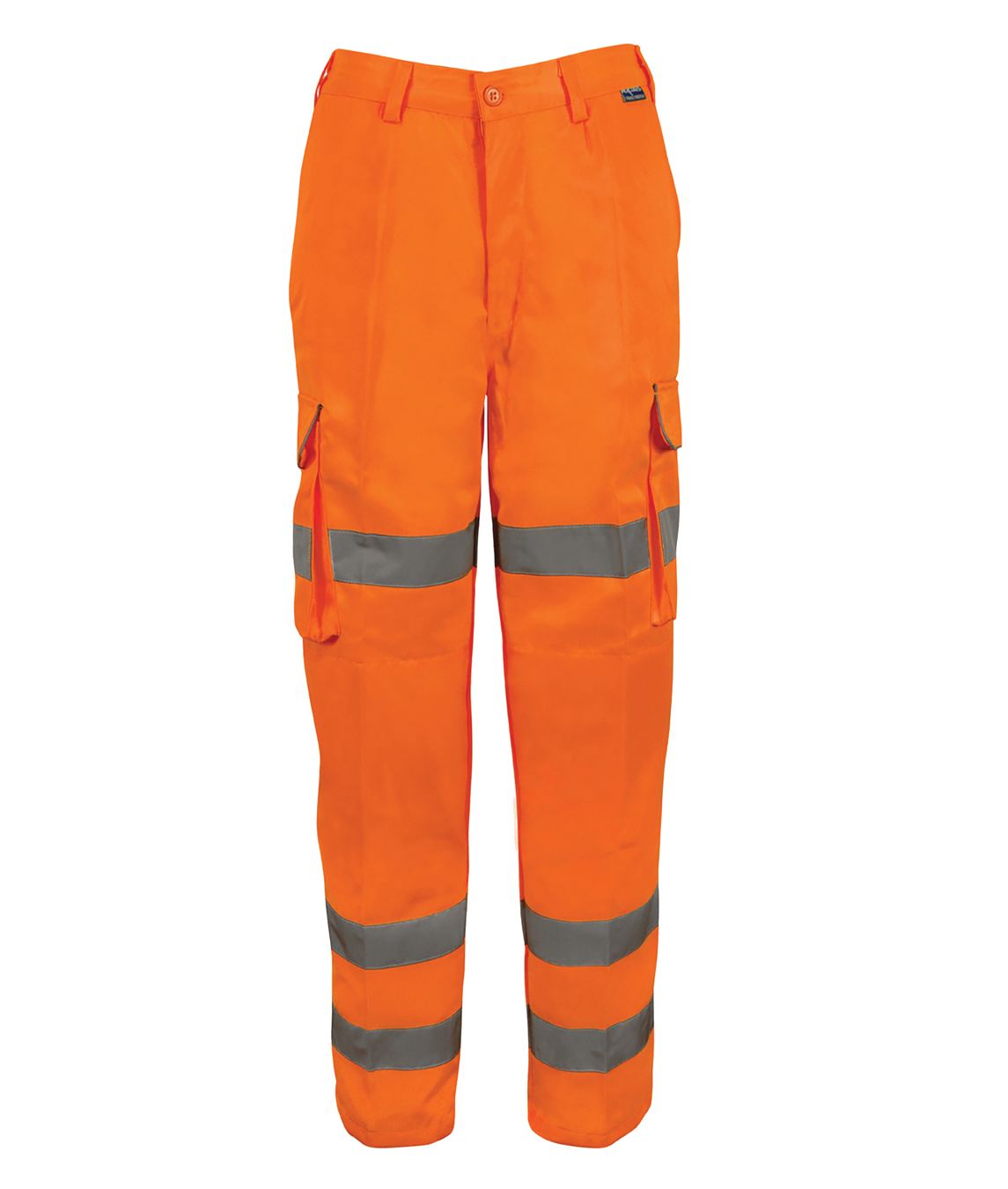 Female High-visibility orange work trousers with dual silver reflective bands around each lower leg, cargo pockets on the left thigh with grey trim, and a button closure at the waist.
by MAK Boots & Garments
