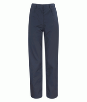 Female Navy cargo work trousers, belt loops, and durable construction, ideal for tradespeople, warehouse workers, or field technicians. Quality workwear by MAK Boots & Garments.