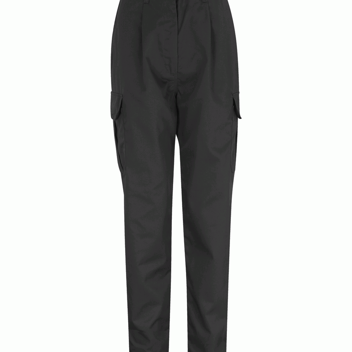 Female Black cargo work trousers with side flap pockets, belt loops, and durable construction, ideal for tradespeople, warehouse workers, or field technicians. Quality workwear by MAK Boots & Garments.