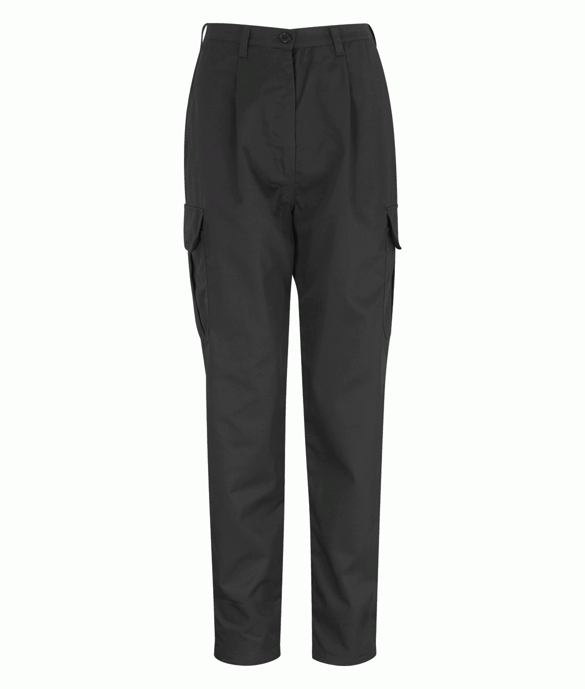 Female Black cargo work trousers with side flap pockets, belt loops, and durable construction, ideal for tradespeople, warehouse workers, or field technicians. Quality workwear by MAK Boots & Garments.