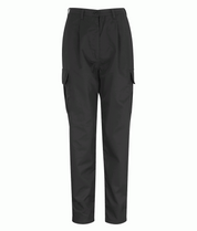 Female Black cargo work trousers with side flap pockets, belt loops, and durable construction, ideal for tradespeople, warehouse workers, or field technicians. Quality workwear by MAK Boots & Garments.