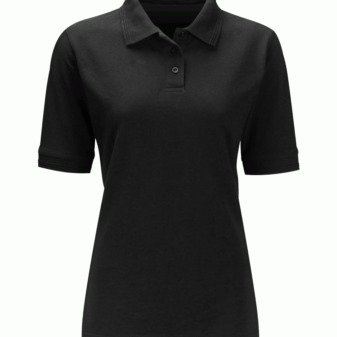 Female black short-sleeve polo shirt featuring a classic three-button placket and structured collar, built for sharp utility and understated style by MAK Boots & Garments.