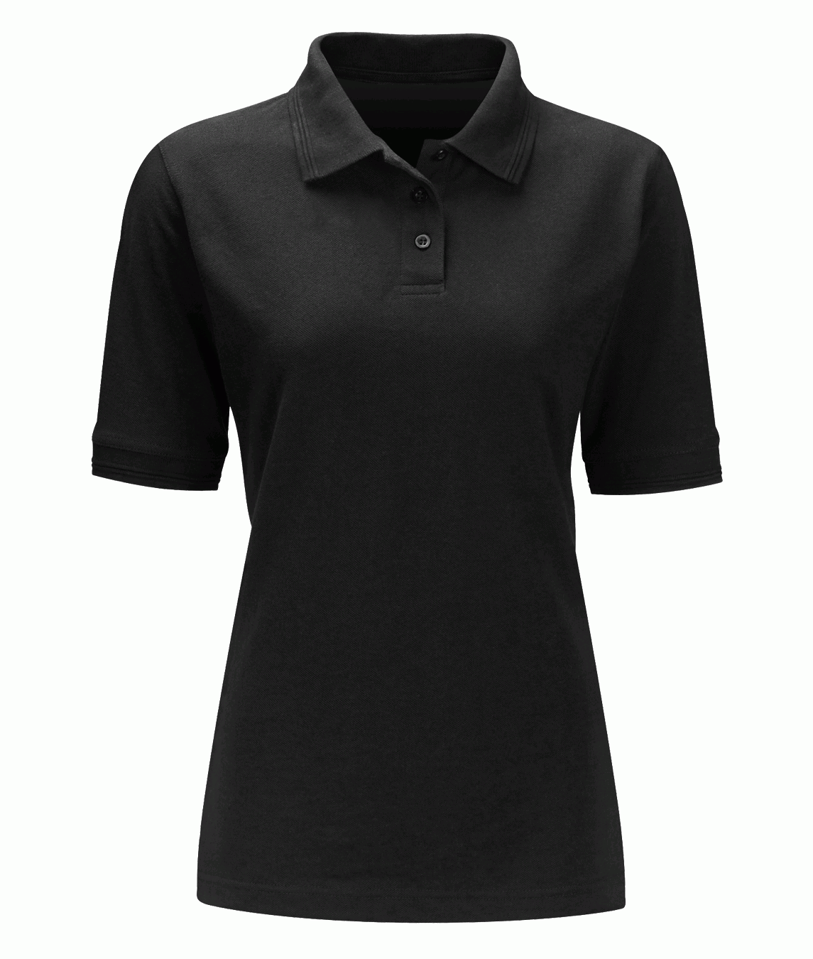 Female black short-sleeve polo shirt featuring a classic three-button placket and structured collar, built for sharp utility and understated style by MAK Boots & Garments.