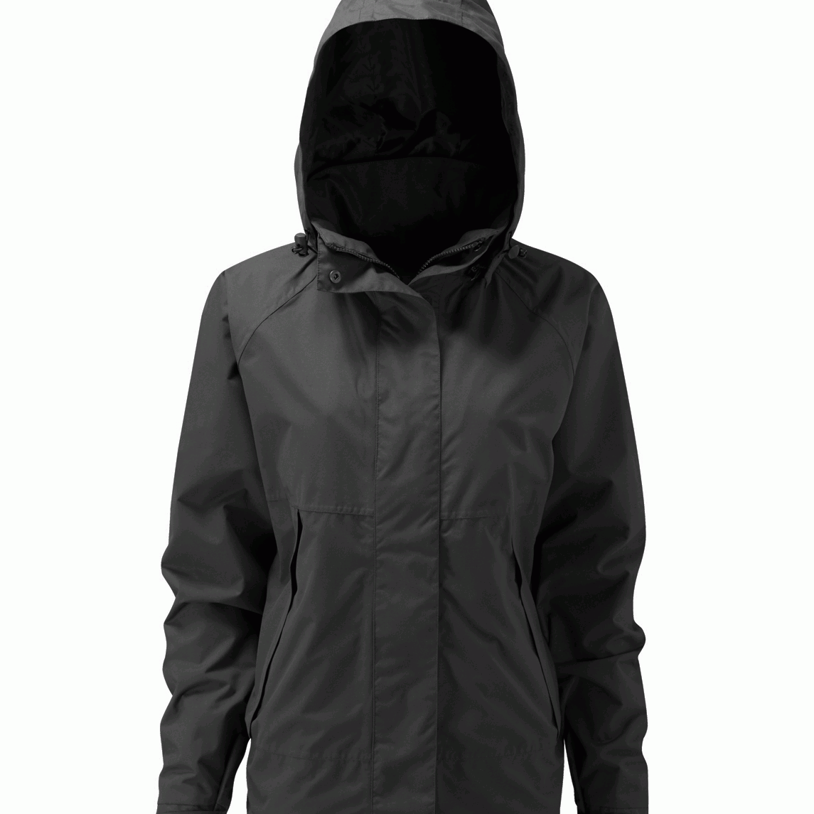 Female matte black hooded jacket with a minimalist design, featuring a full front zipper with snap-flap coverage, adjustable cuffs, and a storm-ready silhouette built for stealth and utility — by MAK Boots & Garments.