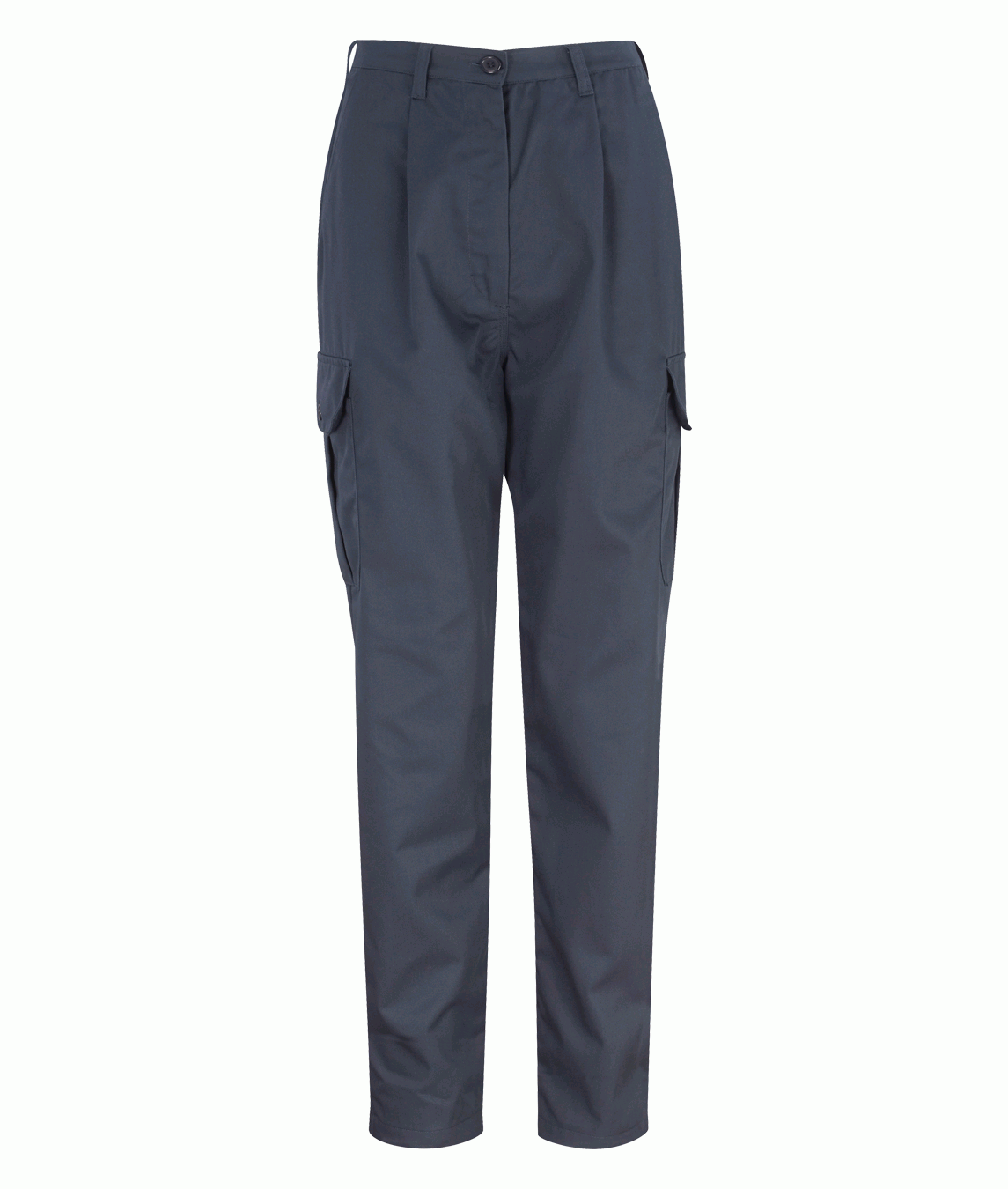 Female navy cargo work trousers with side flap pockets, belt loops, and durable construction, ideal for tradespeople, warehouse workers, or field technicians. Quality workwear by MAK Boots & Garments.