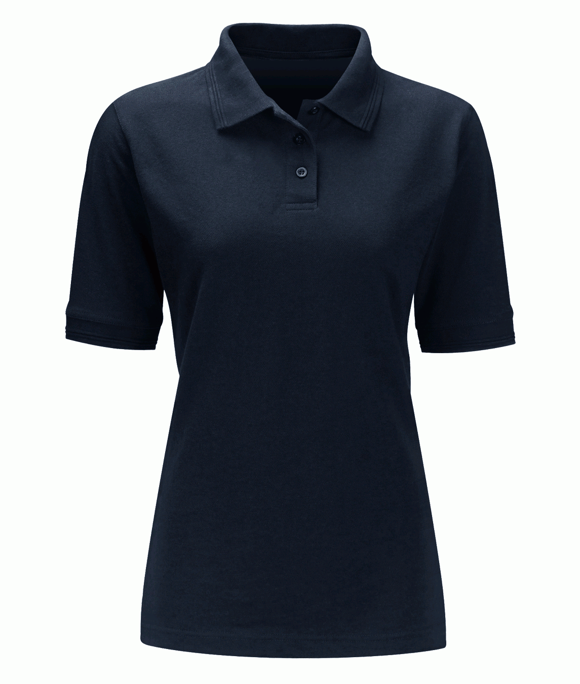 Navy short-sleeve polo shirt featuring a classic three-button placket and structured collar, built for sharp utility and understated style by MAK Boots & Garments.