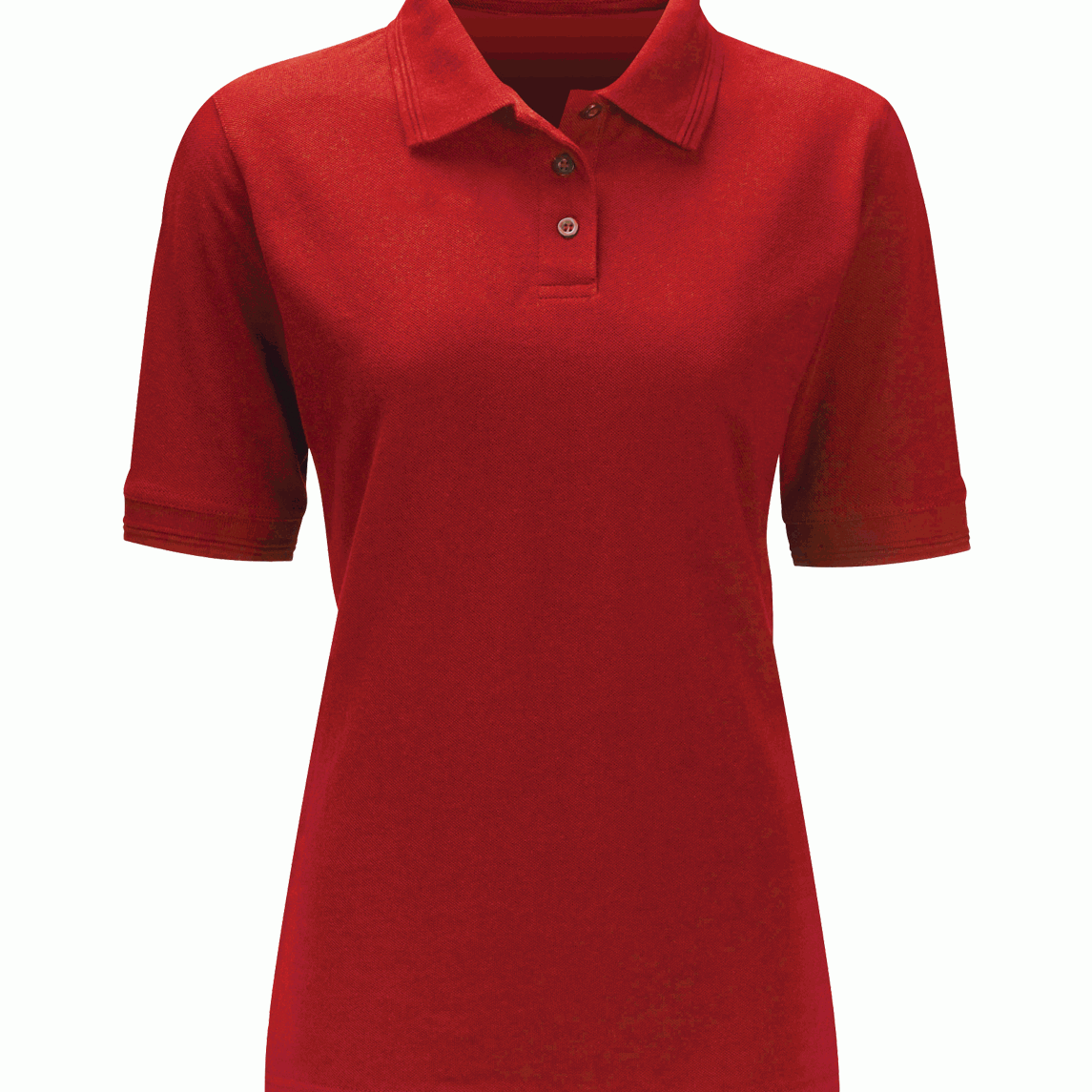 Female red short-sleeve polo shirt featuring a classic three-button placket and structured collar, built for sharp utility and understated style — by MAK Boots & Garments.