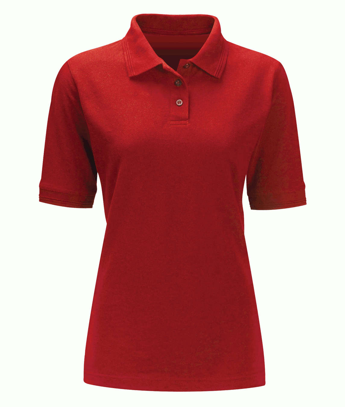 Female red short-sleeve polo shirt featuring a classic three-button placket and structured collar, built for sharp utility and understated style — by MAK Boots & Garments.